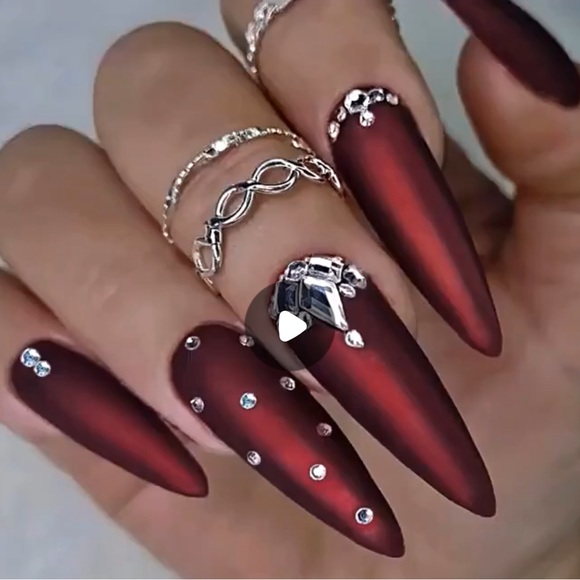 24 pcs Glossy Red Rhinestone Press On Nails - Long Almond Shape - Picture 1 of 6